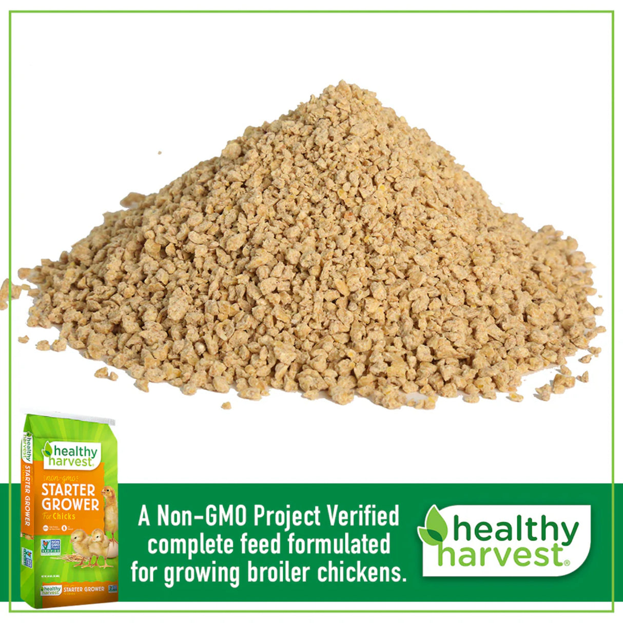 Hatching Time Healthy Harvest. Starter Grow for Chicks. A pile of feed is in the background and a bag of starter grower is in the left bottom of the image next to healthy harvest logo.