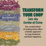 Premium Nesting Herbs ingredients – rose petals, lemon balm, blue cornflower, rosemary, lavender, calendula, and basil for fresh, aromatic chicken coops.
