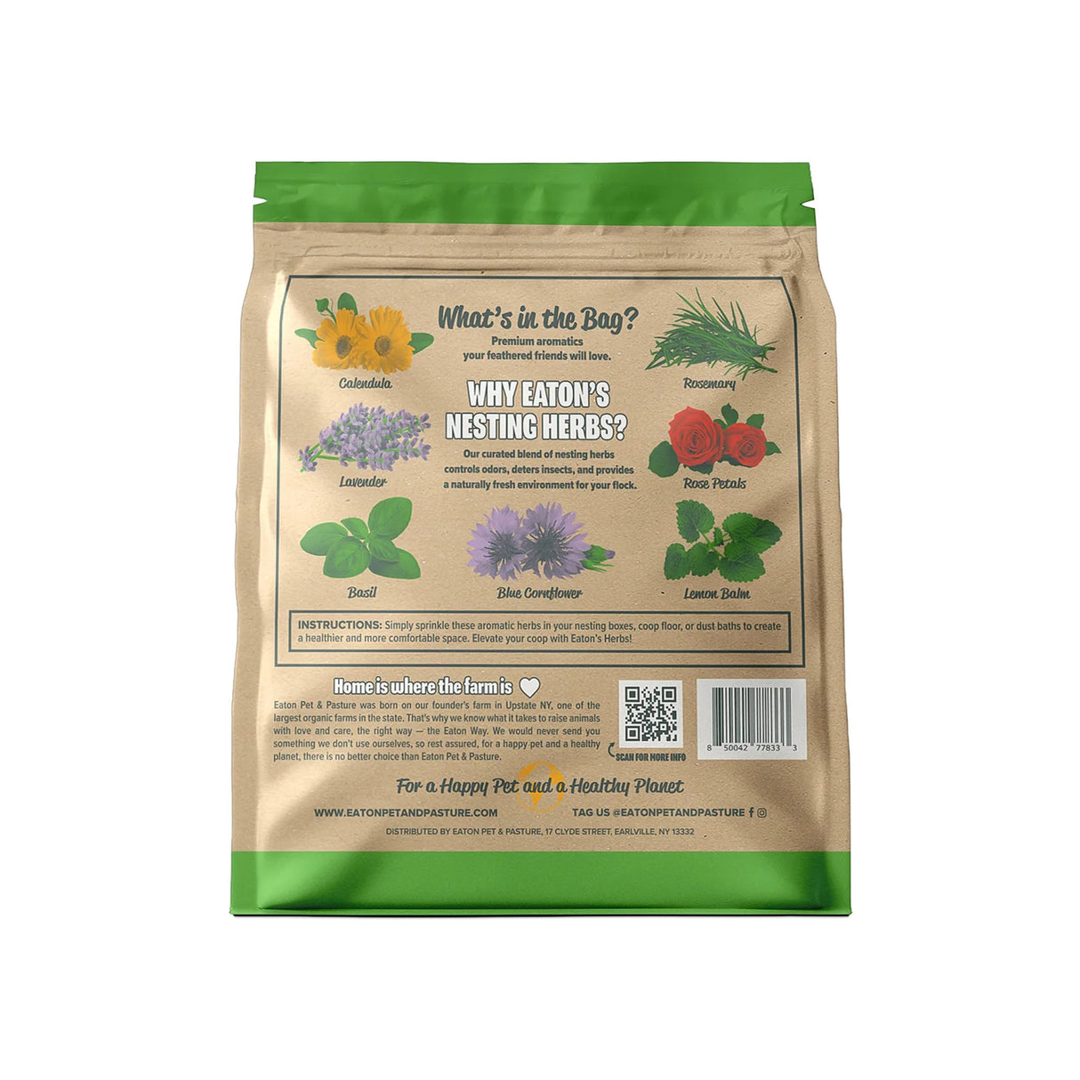Back of Premium Nesting Herbs 10 oz bag showing ingredients like calendula, lavender, basil, rosemary, rose petals, blue cornflower, and lemon balm.