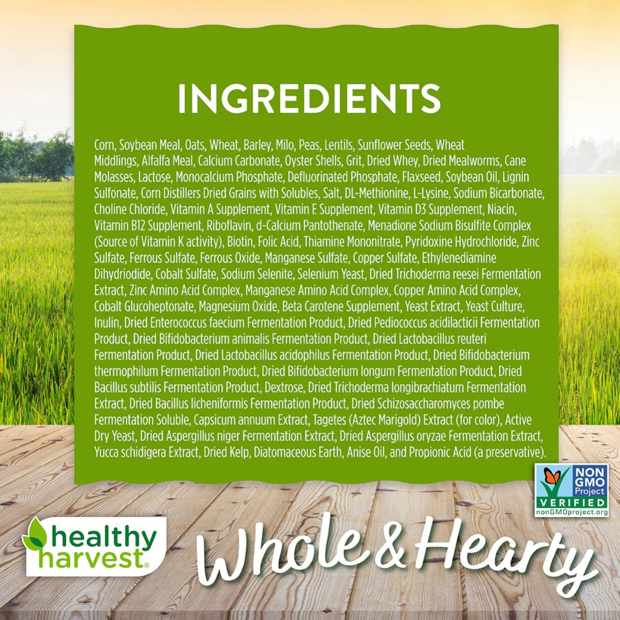 Hatching Time Healthy Harvest. Whole & Hearty 17% Layer feed. Full ingredient list can be seen in image.