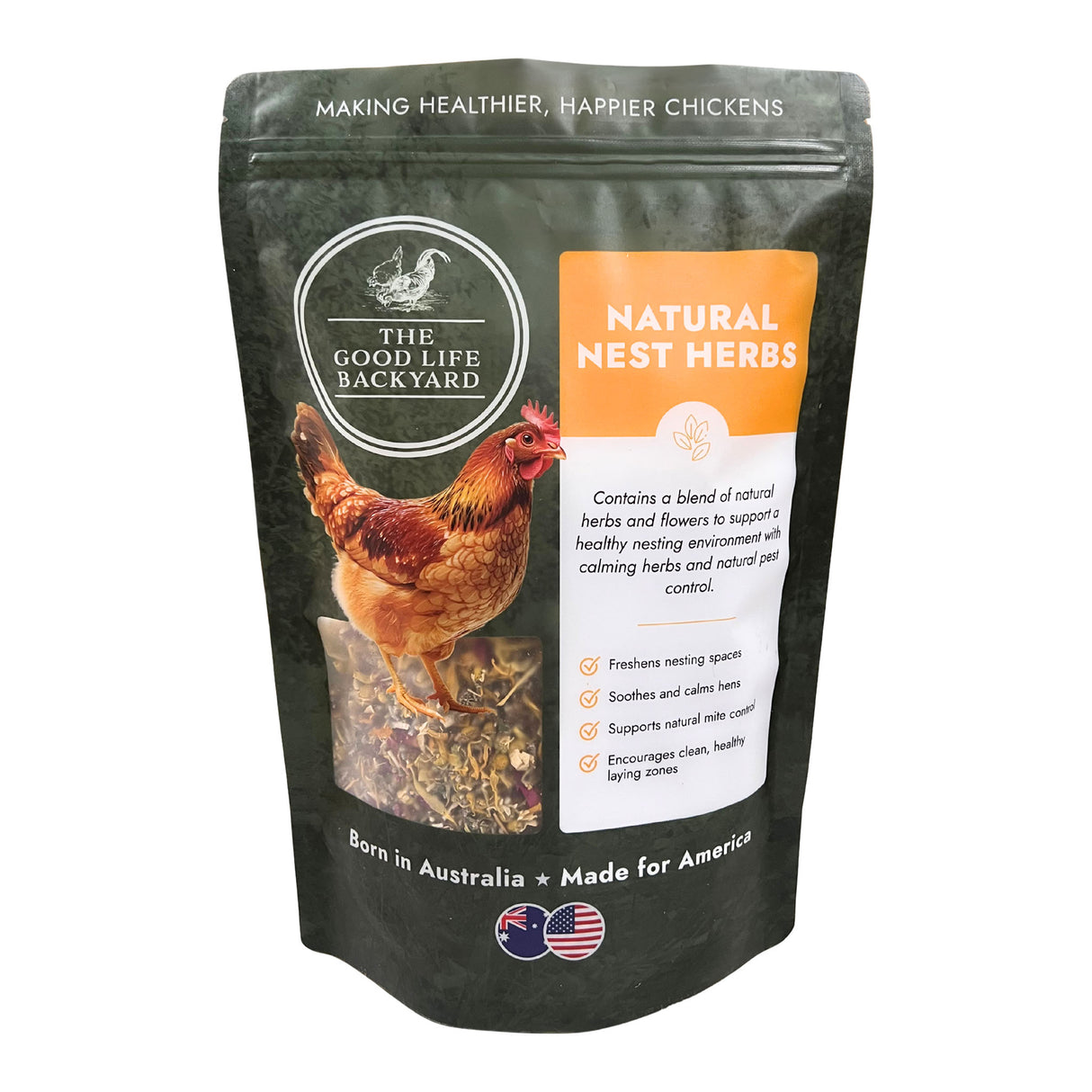 Bag of 'The Good Life Backyard' natural nest herbs for chickens on a white background