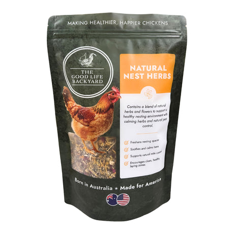 Bag of 'The Good Life Backyard' natural nest herbs for chickens on a white background