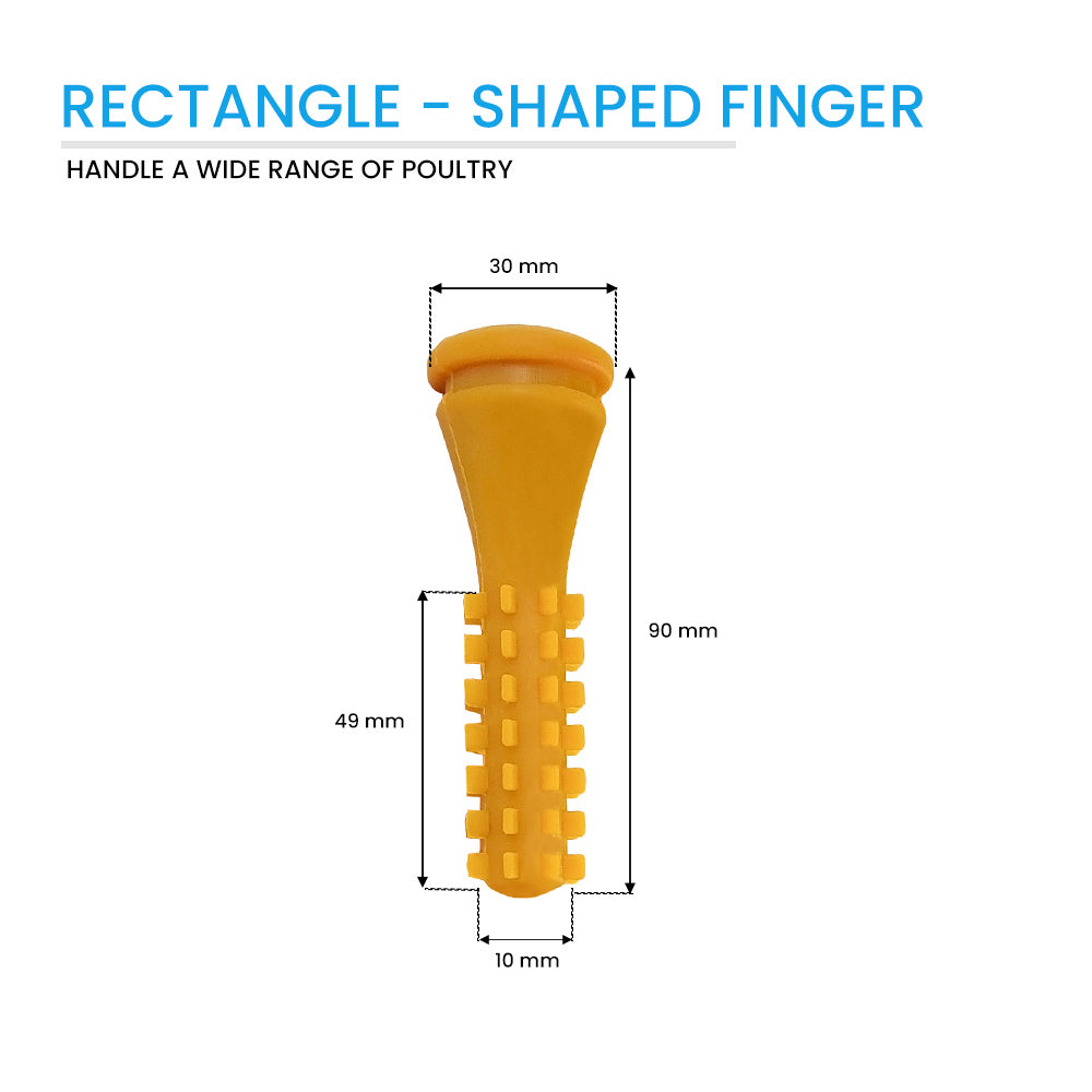 Rectangular-shaped yellow natural rubber chicken plucking finger with labeled measurements 90 mm length, 30 mm width, 10 mm base for poultry plucker