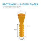 Rectangular-shaped yellow natural rubber chicken plucking finger with labeled measurements 90 mm length, 30 mm width, 10 mm base for poultry plucker