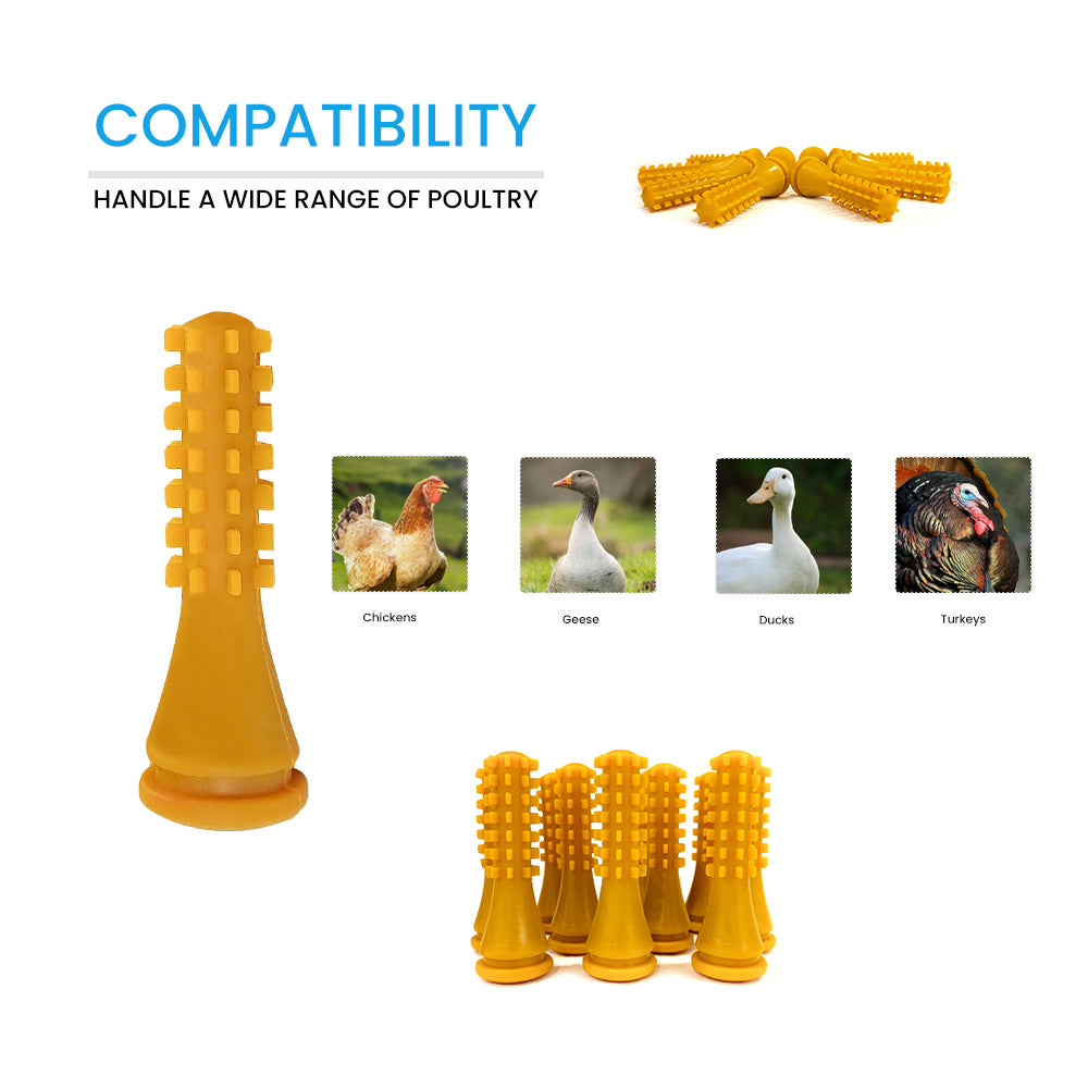 Yellow natural rubber poultry plucking fingers compatible with chickens, ducks, geese, and turkeys shown with product group and usage examples
