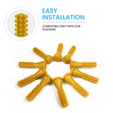 Yellow ProA chicken plucking fingers arranged in a circular layout showing easy installation and compatibility with ProA pluckers