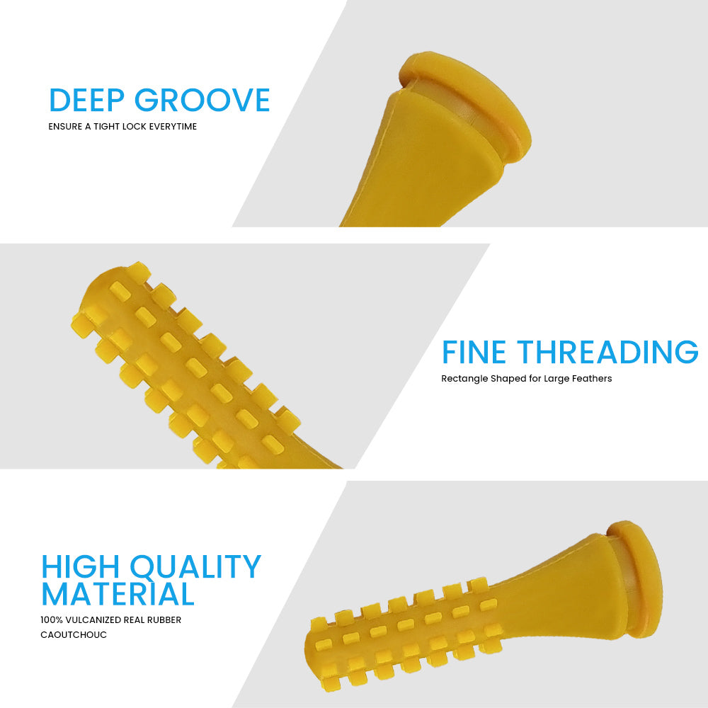 Close-up of yellow ProA natural rubber plucking fingers showing deep groove, fine threading, and high-quality caoutchouc construction for poultry pluckers