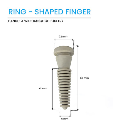 Ring-shaped natural rubber plucking finger with detailed dimensions for ProB model, showing 65 mm length and 22 mm diameter, designed for quail, doves, and other small birds