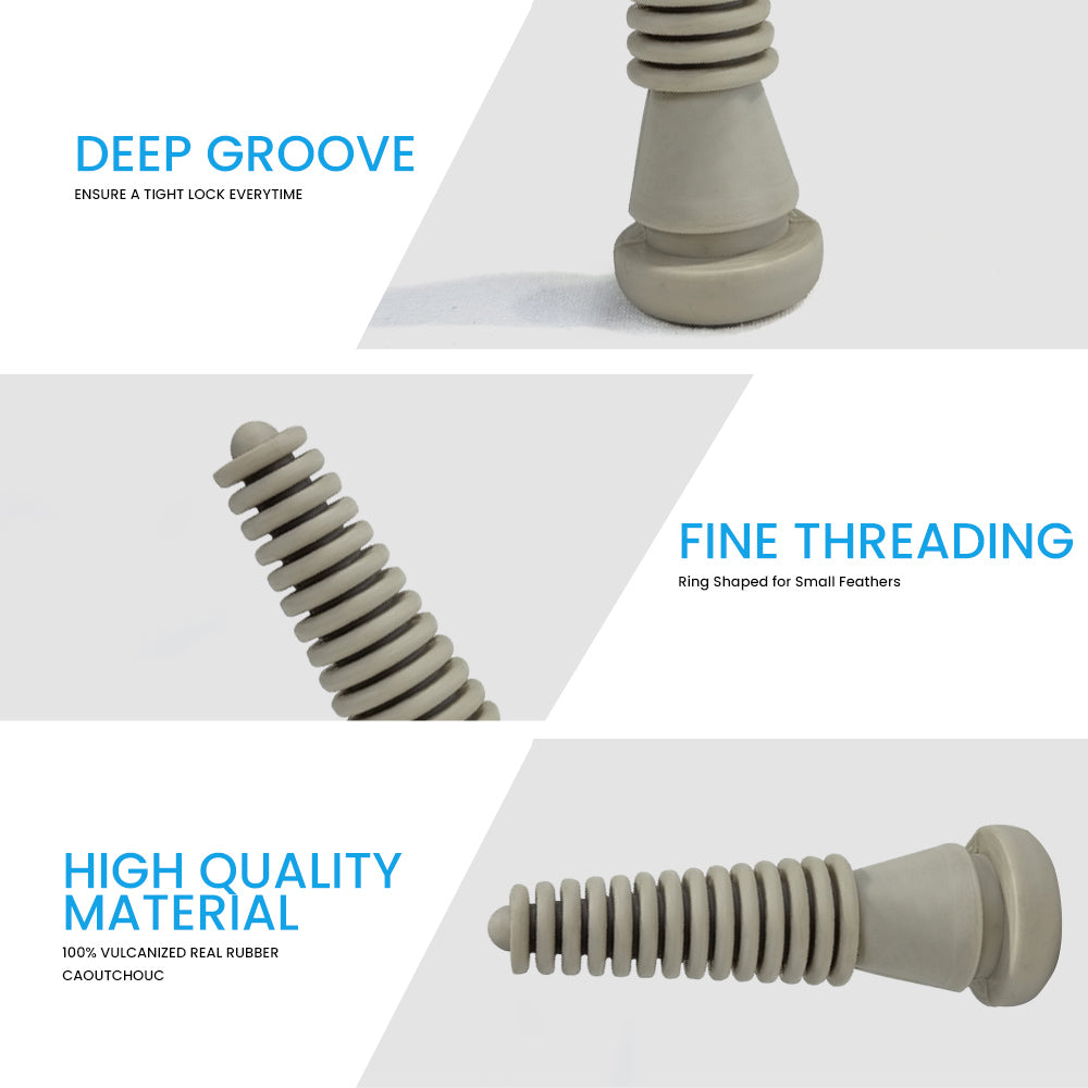 Detailed view of ProB ring-shaped natural rubber plucking finger showing deep groove for secure fit, fine threading for small feathers, and high-quality vulcanized rubber construction
