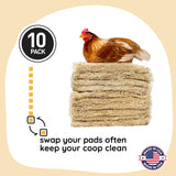 Stack of chicken pads with a chicken on top, labeled '10 Pack' and 'Made in USA'.