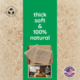 Nesting pads packaging with text 'thick soft & 100% natural' on a green background.