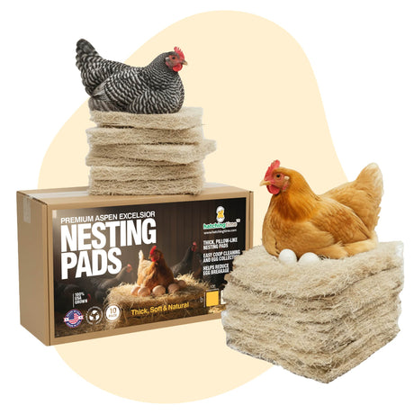 Nesting pads for chickens with packaging and chicken figures on a white background