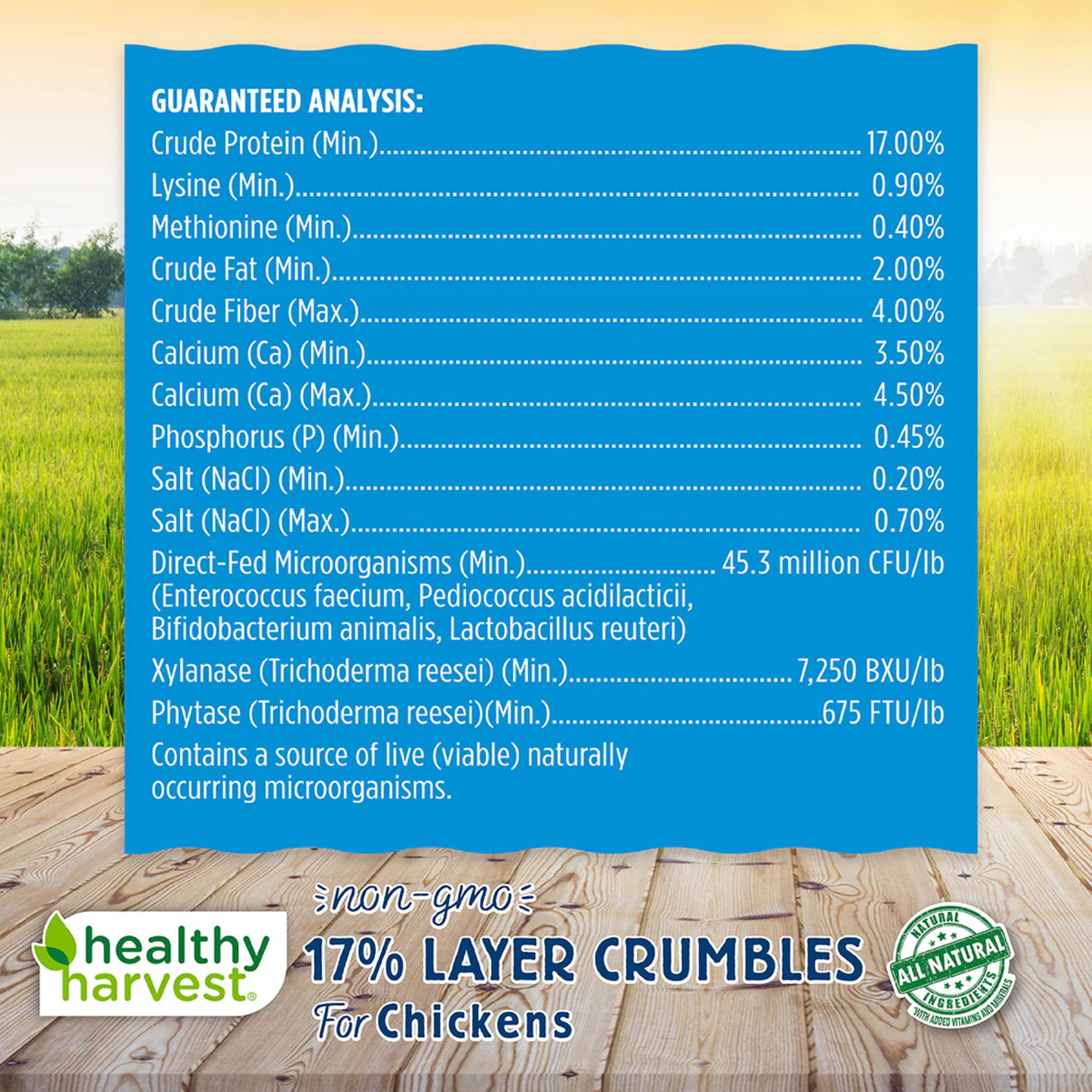 Hatching Time Healthy Harvest. 17% layer crumbles nutritional values can be seen.