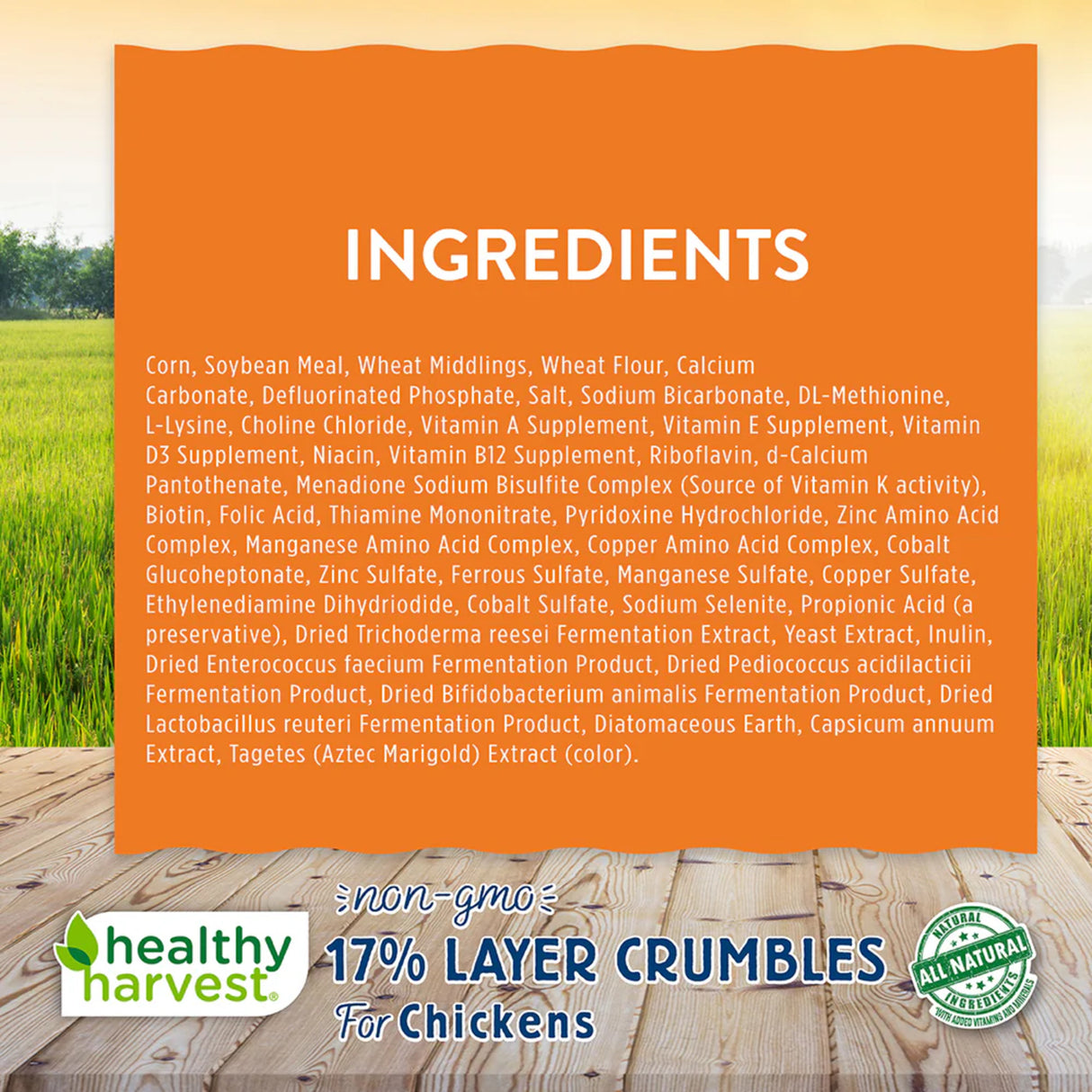 Hatching Time Healthy Harvest. 17% layer crumbles ingredients list can be seen.