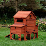 Orpington wooden chicken coop with nesting box in a backyard garden