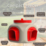 Hatching Time OverEZ. Compact feeder can be seen in image with features listed. No waste design, durable, holds 20 lbs of feed.