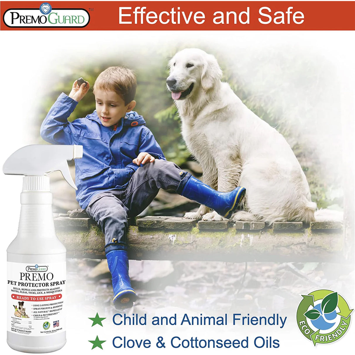 Child and dog sitting on a log with Premo Pet Protector Spray bottle, labeled as effective and safe.