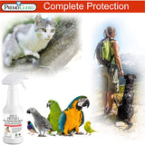 Premo Guard pet protector spray with images of a cat, parrots, and a person with a dog outdoors.