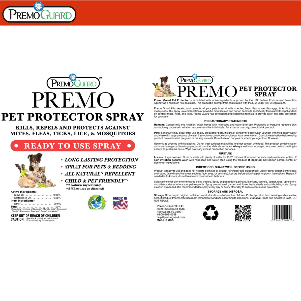 Premo Pet Protector Spray packaging with text and images of a dog and cat.