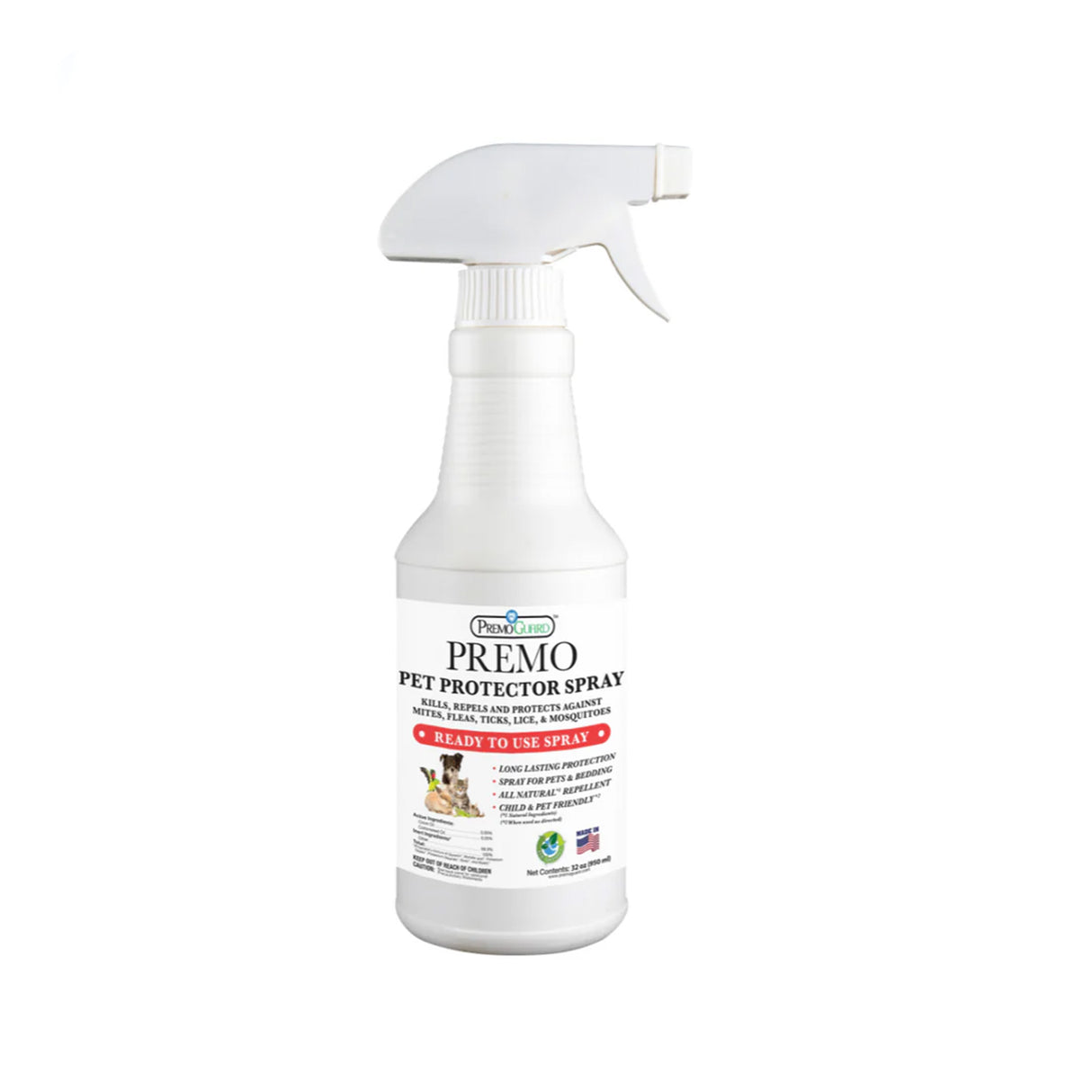 White spray bottle labeled 'Premo Pet Protector Spray' on a white background