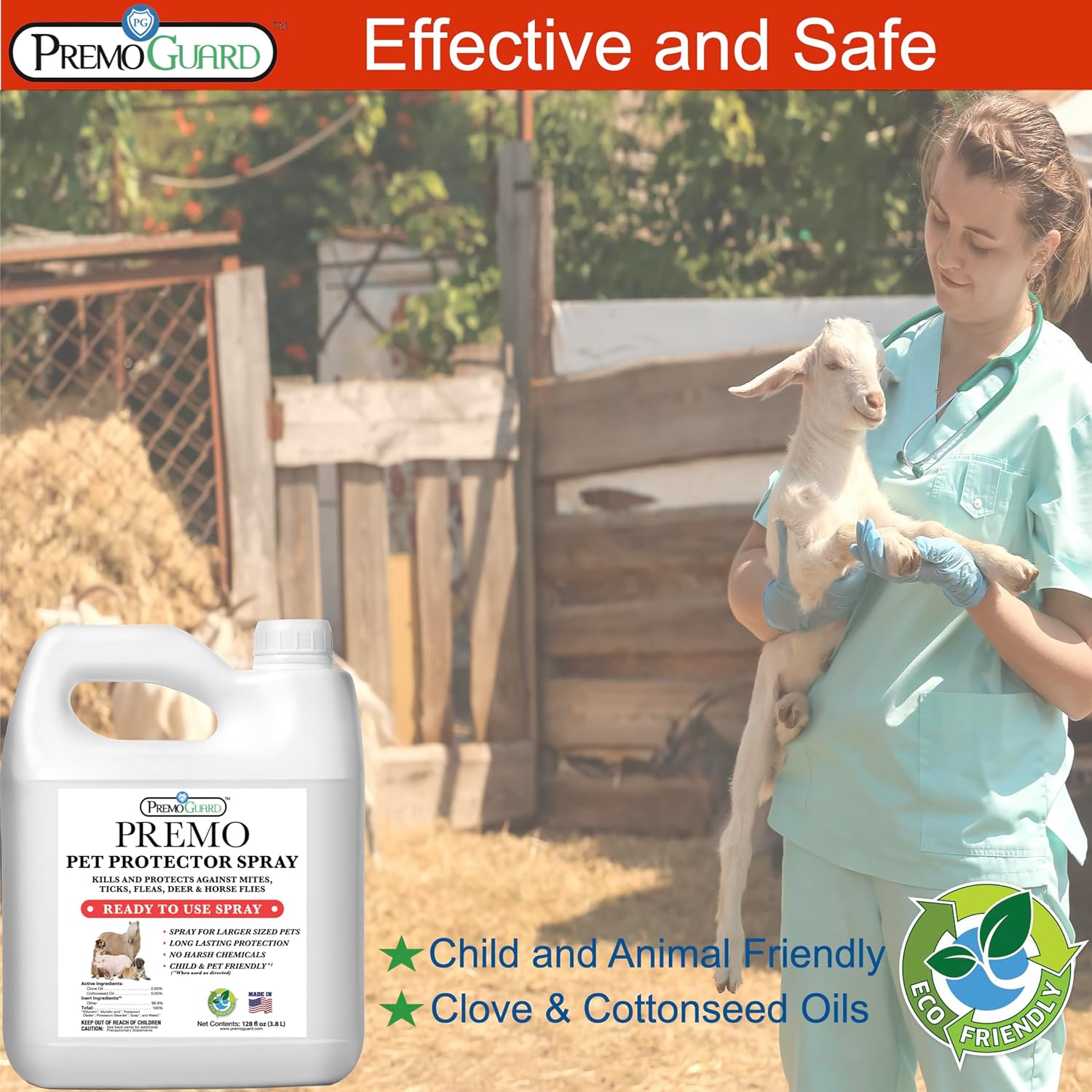 a graphic showing Pet Protector By Premo Guard - 128 oz and a woman dressed as a vet holding a goat