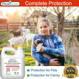 a bottle of Pet Protector By Premo Guard - 128 oz shown with a child holding a baby goat