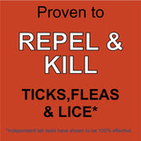 a infographic showing Pet Protector By Premo Guard - 128 oz kills and repels Ticks, Fleas, and Lice