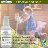 a bottle of Plant and Garden Pest Control Concentrate By Premo Guard- 16 oz shown with a child watering her plants with a small dog following