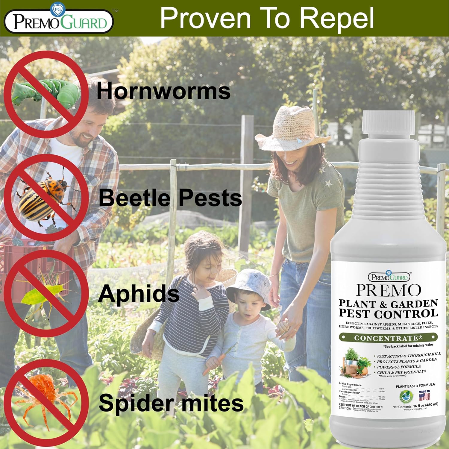 a infographic showing Plant and Garden Pest Control Concentrate By Premo Guard- 16 oz keeps away hornworms, beetles, aphids, and spider mites
