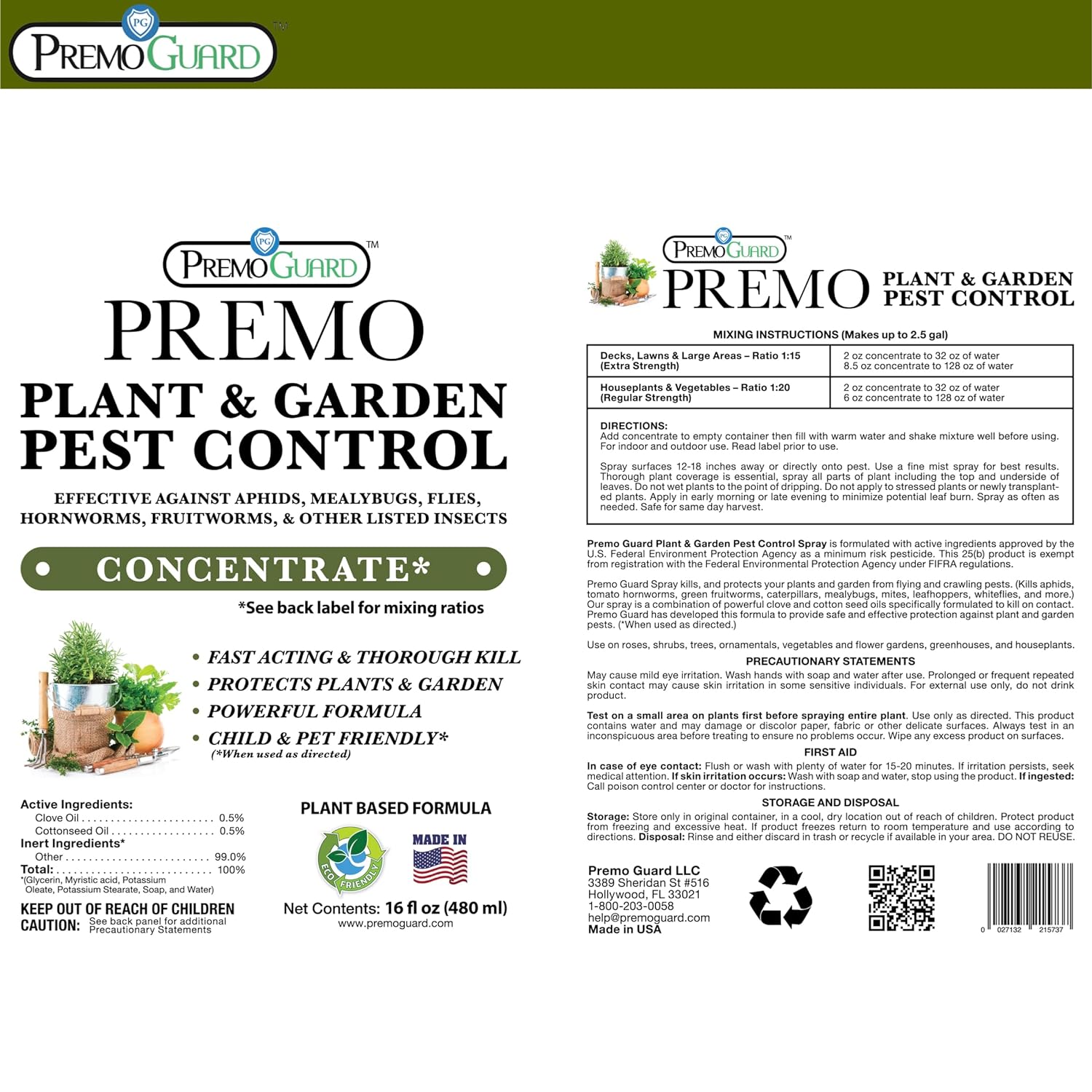 the label info for Plant and Garden Pest Control Concentrate By Premo Guard- 16 oz
