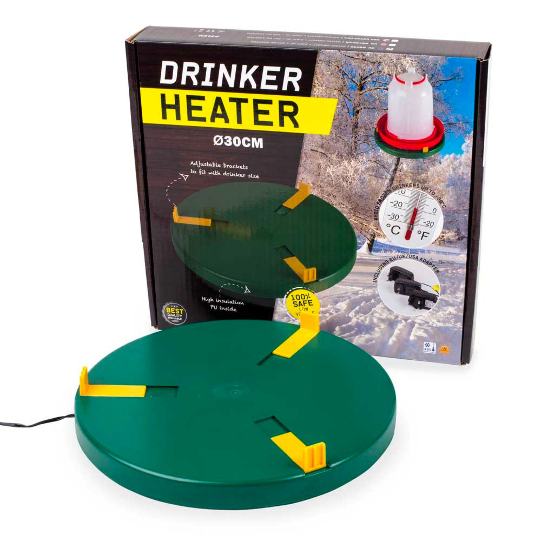 Hatching Time Drinker heater is shown in image in front of display box. Box shows proper placement of drinker on top of heater, plug options and thermometer. Box shows that heater has adjustable brackets to fit different size drinkers.