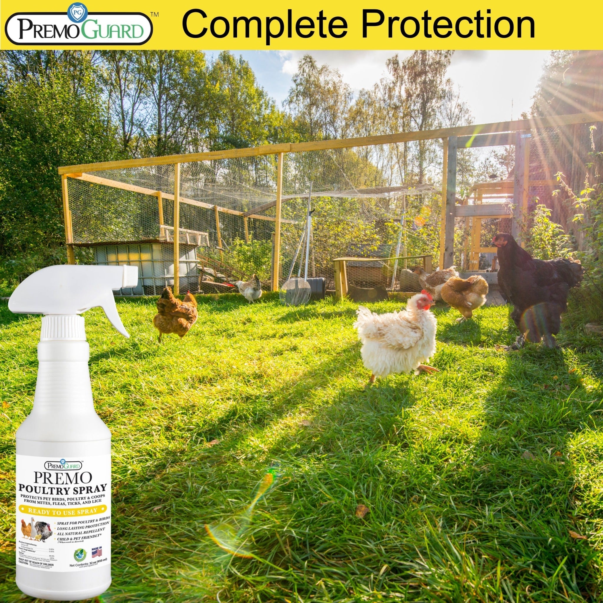 Hatching Time Premo Guard. A garden with 5 roaming chickens on grass. Premo poultry spray can be seen in corner of image.