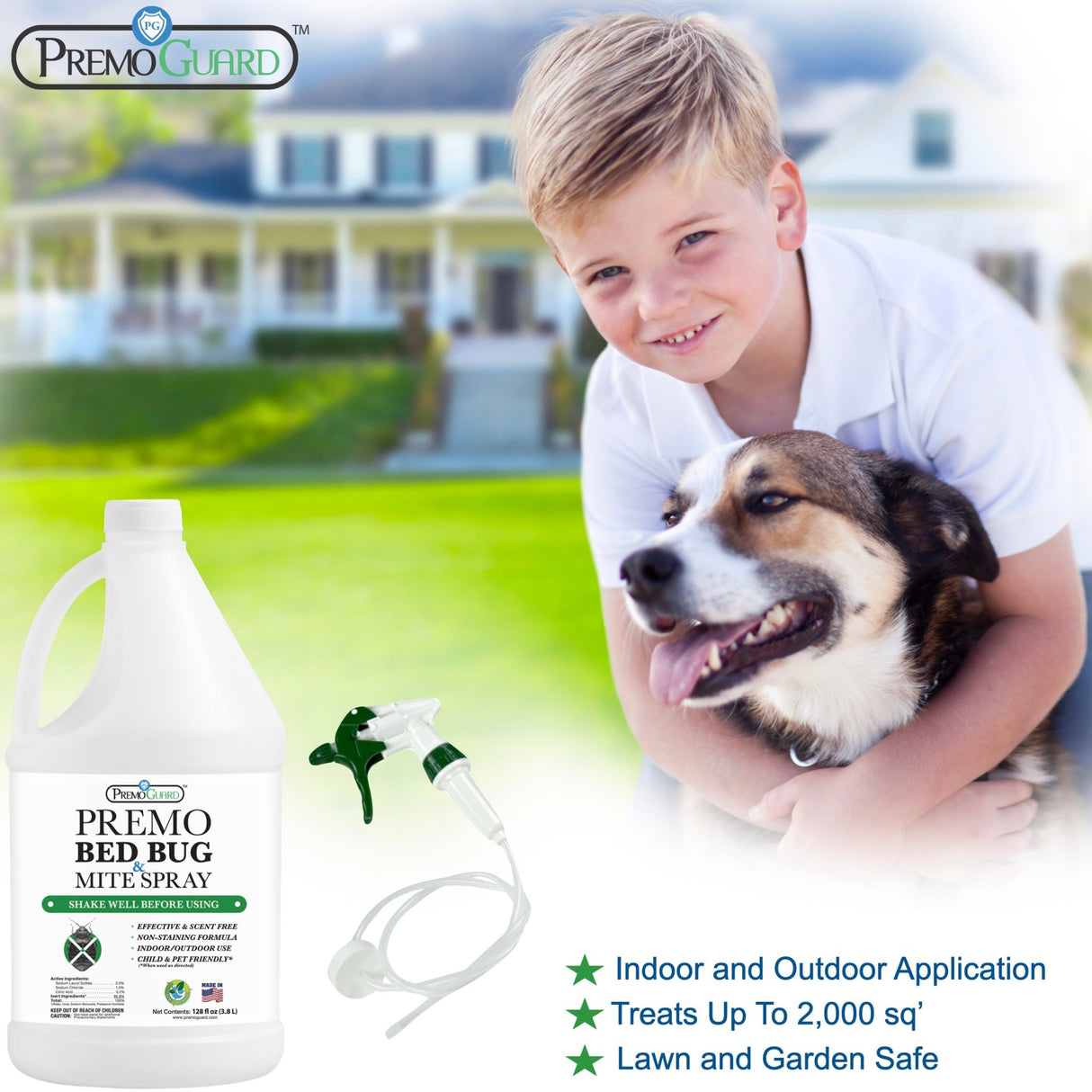 Hatching Time Premo. Bed bug & Mite Spray bottle can be seen next to child and dog to show indoor and pet safe formula.