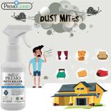 Hatching Time Premo. Mite killer can be seen in front of cartoon infographic showing effectiveness against dust mites.