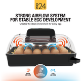 Pro24 Tabletop Automatic Egg Incubator (24 Eggs) with airflow system diagram and text on a white background
