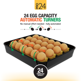 Pro 24 egg incubator tray with automatic turners for 24 chicken eggs, showing fully automated egg turning system