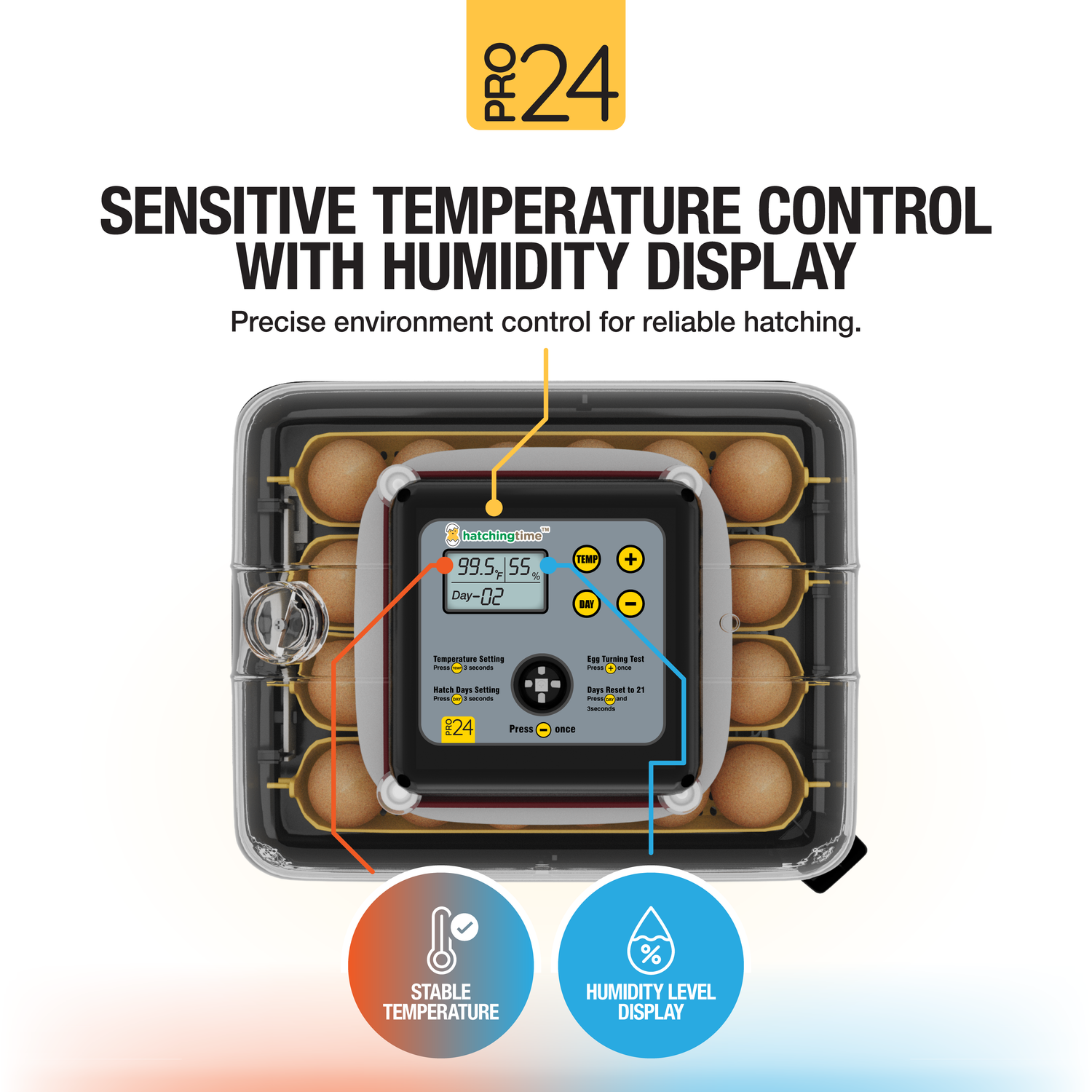 HatchingTime Pro 24 egg incubator with digital display showing temperature and humidity control for stable hatching conditions