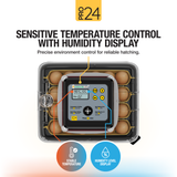 HatchingTime Pro 24 egg incubator with digital display showing temperature and humidity control for stable hatching conditions