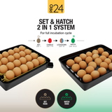 Pro 24 egg incubator with set and hatch 2-in-1 system showing incubation cycle from setting eggs to hatching