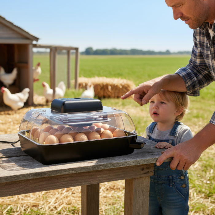 Father and child observing a Pro 24 egg incubator filled with chicken eggs on a farm with hens in the background.