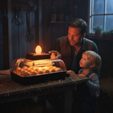 Father and child watching a glowing egg being candled in the Pro 24 incubator inside a cozy barn setting