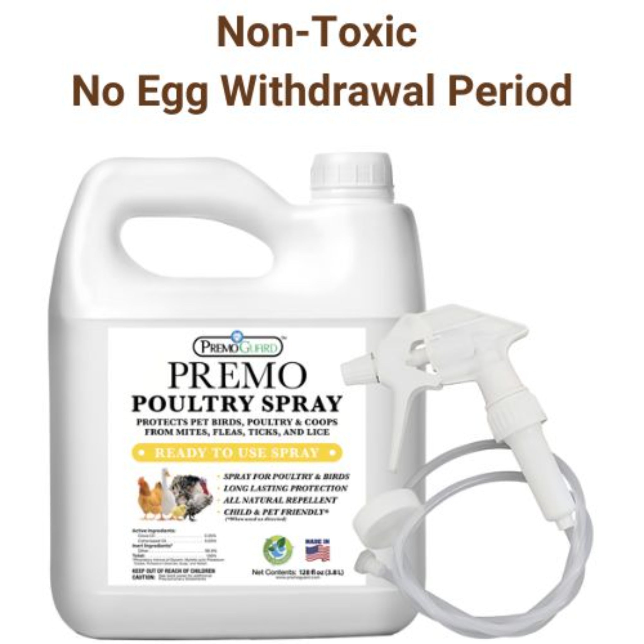 Hatching Time Premo Guard. Poultry spray gallon can be seen in image with spray handle. Text reads, Non-toxic. No Egg withdrawal period.