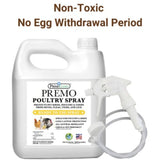 Hatching Time Premo Guard. Poultry spray gallon can be seen in image with spray handle. Text reads, Non-toxic. No Egg withdrawal period.