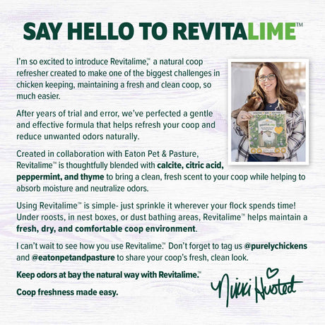 Revitalime introduction by Nikki Husted of Purely Chickens – natural coop freshener with calcite, citric acid, peppermint, and thyme for odor control.