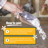 Using Revitalime coop freshener – hand sprinkling natural powder on coop floor to reduce odor, moisture, and pests.