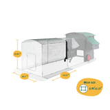 Hatching Time Nestera. Image shows dimensions of assembled chicken coop run expansion on large raised coop.