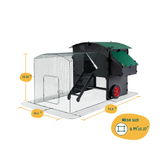 Hatching Time Nestera. Front of raised chicken coop with coop run attached showing dimensions of assembled coop and run.