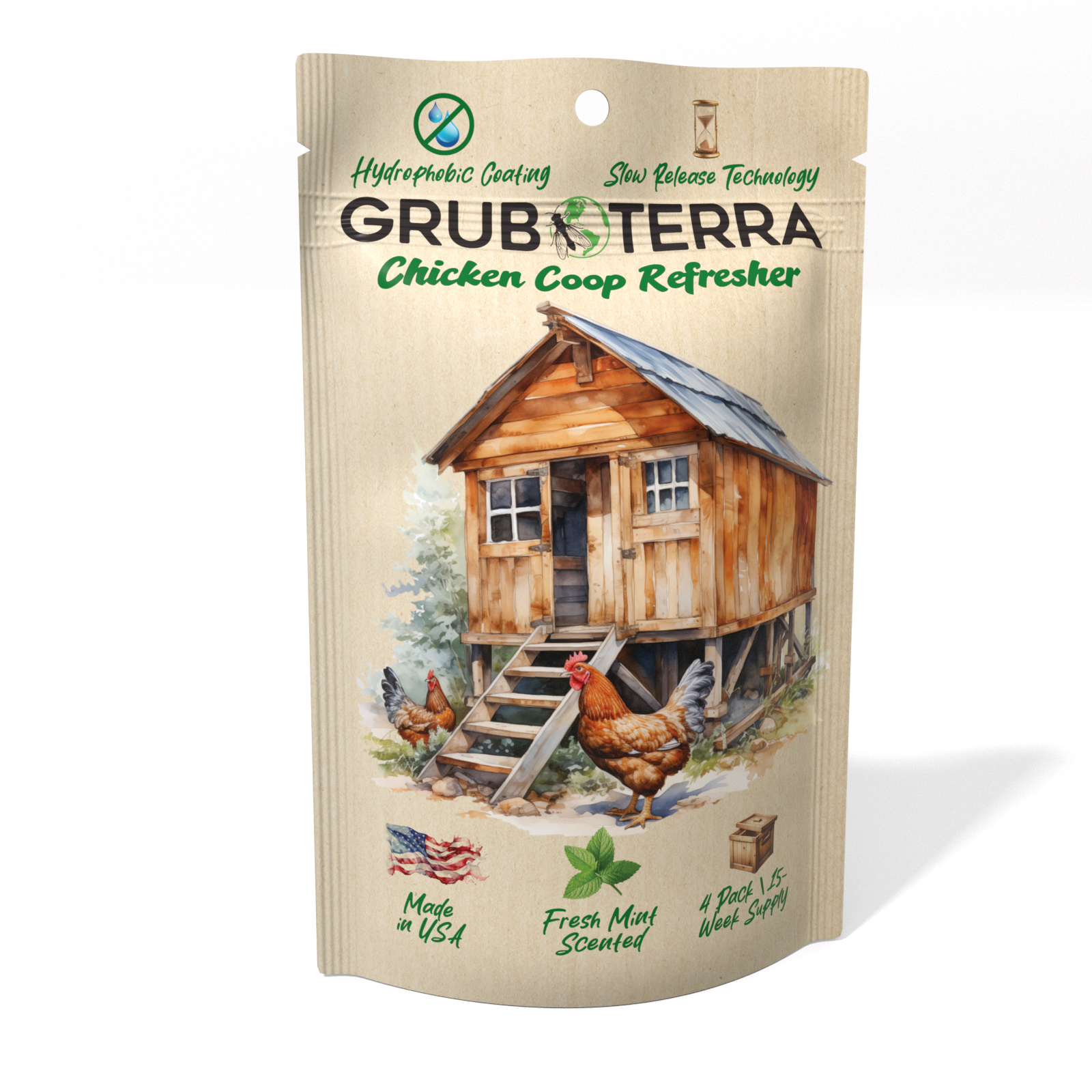 Hatching Time Grub Terra. Chicken Coop refresher. Front of bag can be seen in image for mint scented.