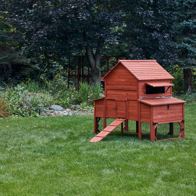 Rhode Island chicken coop with raised wooden shelter and attached outdoor run