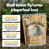 Premium Grubs black soldier fly larvae highlighting high protein nutrition, stronger eggshells, healthier feathers, and support during molting for poultry.
